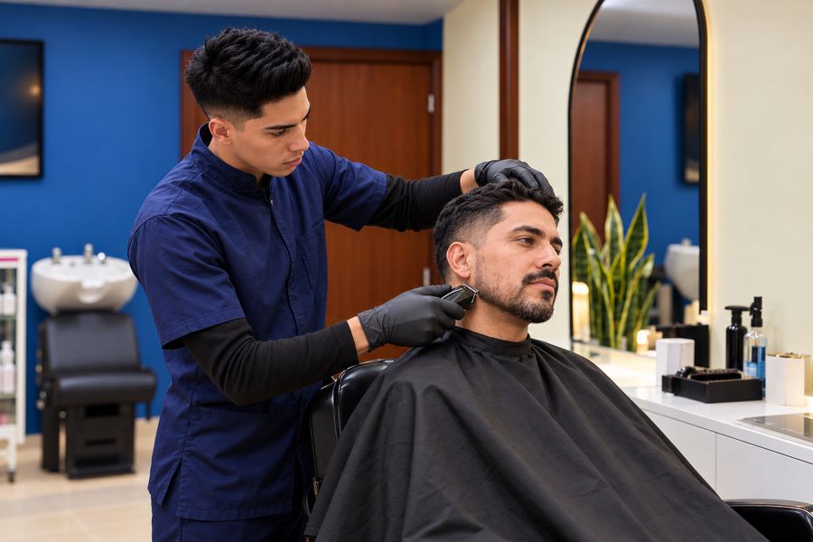Perfilado de barba en la silla de barbería de Esencia